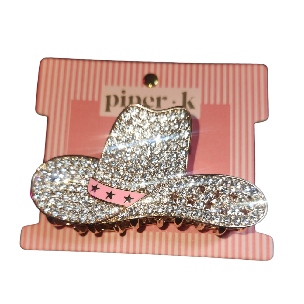Piper K Rhinestone Cowboy Hat Hair Clip w/ Pink Hat Band